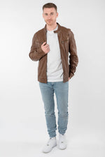 Cognac lambskin biker-collar jacket with perforated panels - Image n°4
