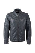Blue-gray lambskin leather jacket with biker collar and perforated leather - Image n°5
