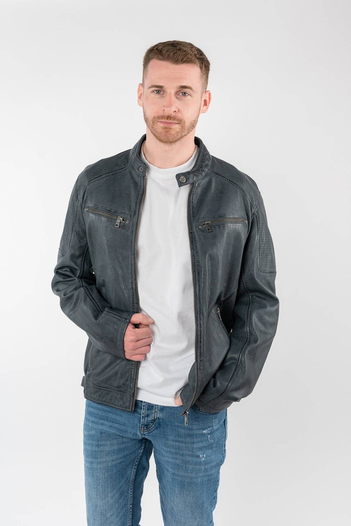 Blue-gray lambskin leather jacket with biker collar and perforated leather - Image n°7