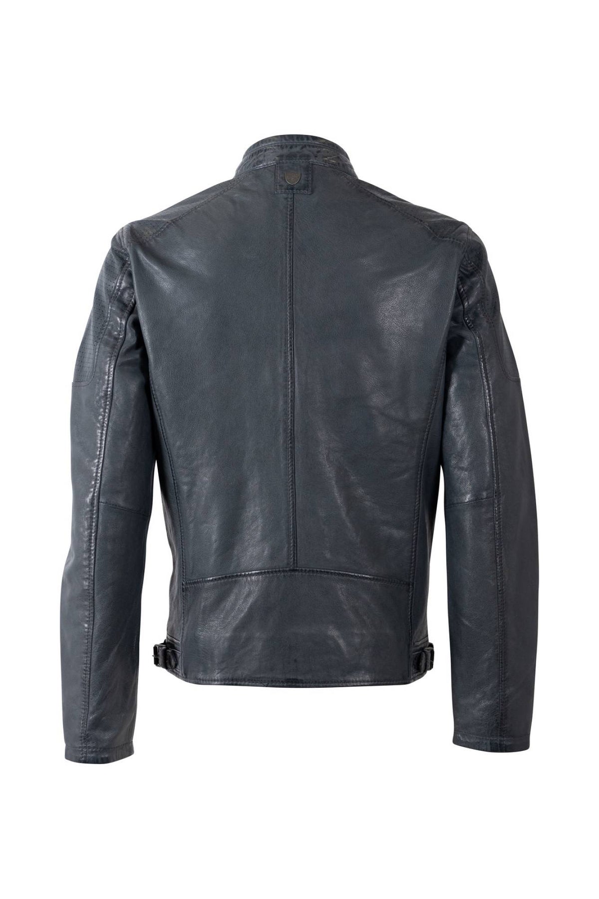 Blue-gray lambskin leather jacket with biker collar and perforated leather - Image n°6
