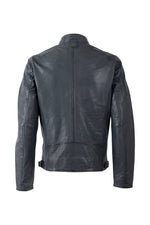Blue-gray lambskin leather jacket with biker collar and perforated leather - Image n°6