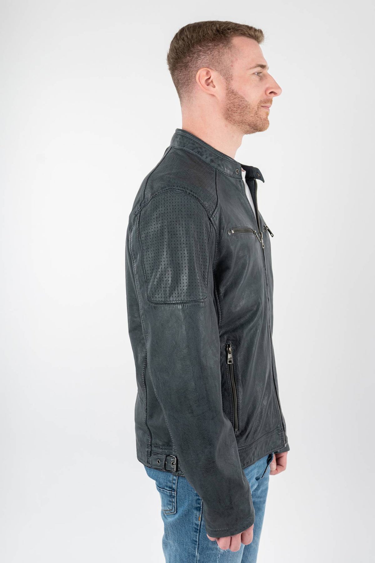 Blue-gray lambskin leather jacket with biker collar and perforated leather - Image n°4