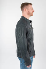 Blue-gray lambskin leather jacket with biker collar and perforated leather - Image n°4