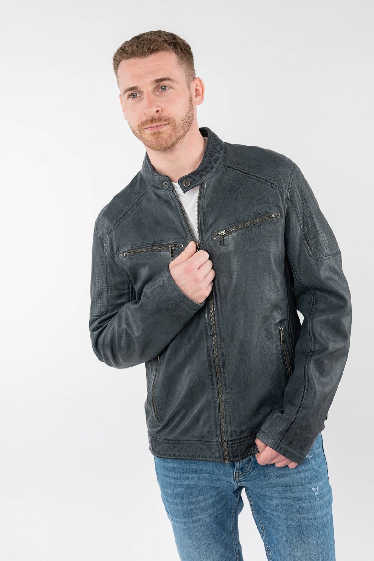 Blue-gray lambskin leather jacket with biker collar and perforated leather - Image n°1