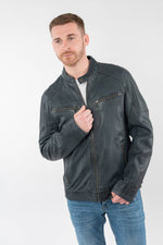 Blue-gray lambskin leather jacket with biker collar and perforated leather - Image n°1
