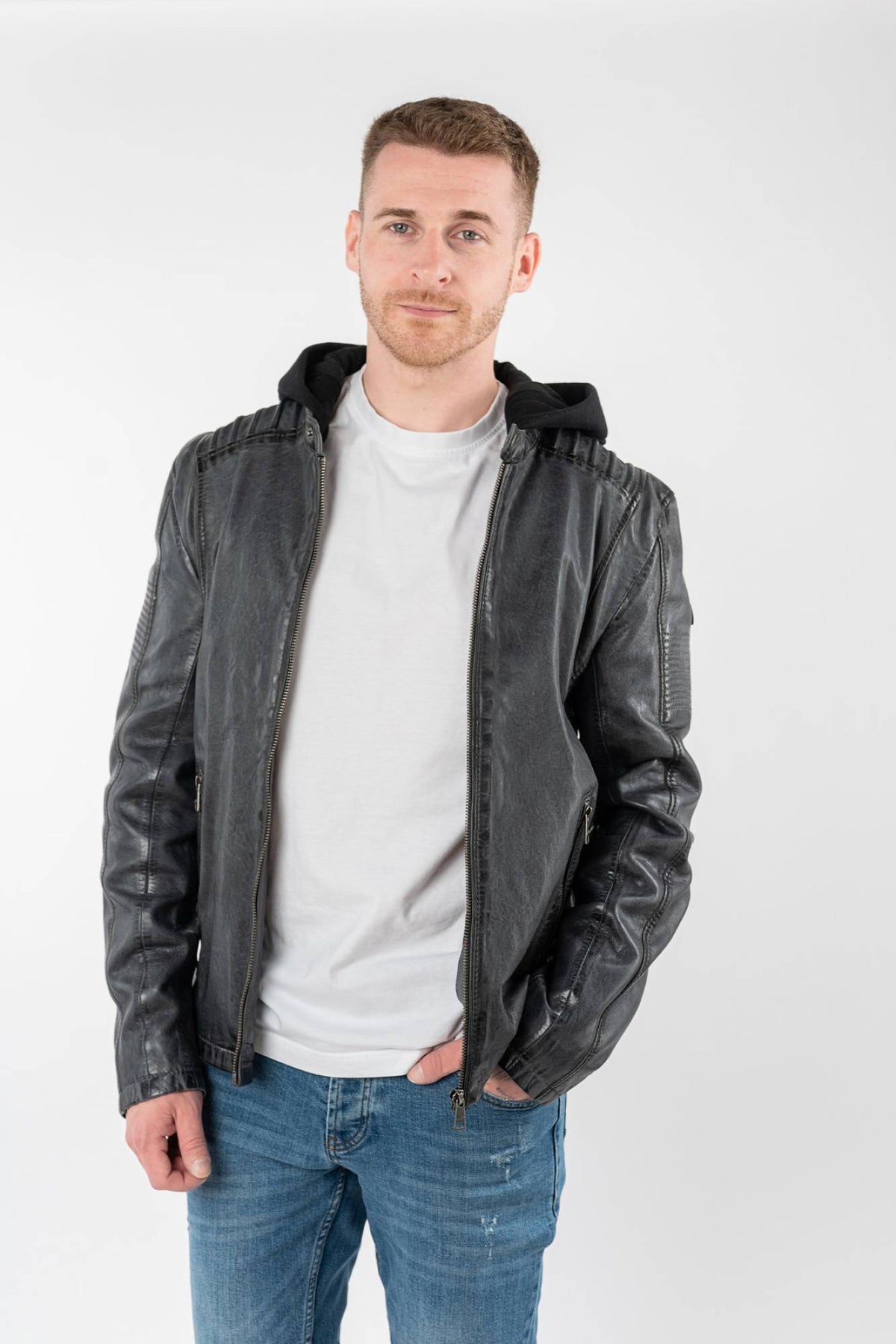 Washed grey lambskin jacket with detachable jersey hood - Image n°6