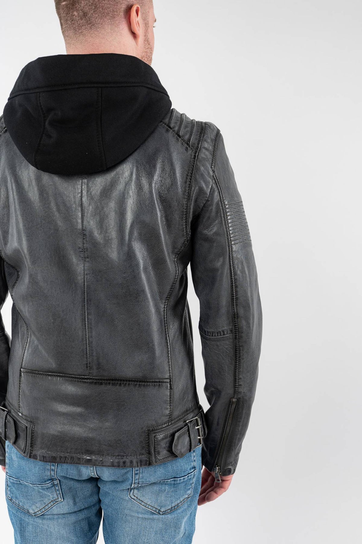 Washed grey lambskin jacket with detachable jersey hood - Image n°3
