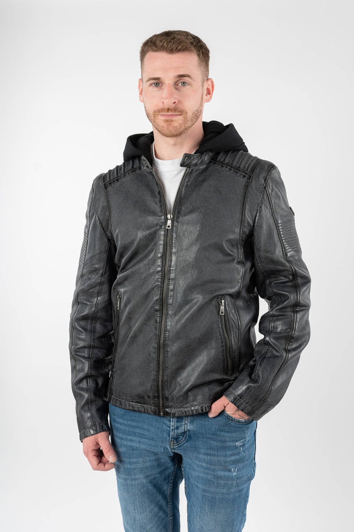 Washed grey lambskin jacket with detachable jersey hood - Image n°1