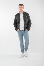 Anthracite grey lambskin biker collar jacket with embroidered patches - Image n°7