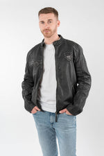 Anthracite grey lambskin biker collar jacket with embroidered patches - Image n°1