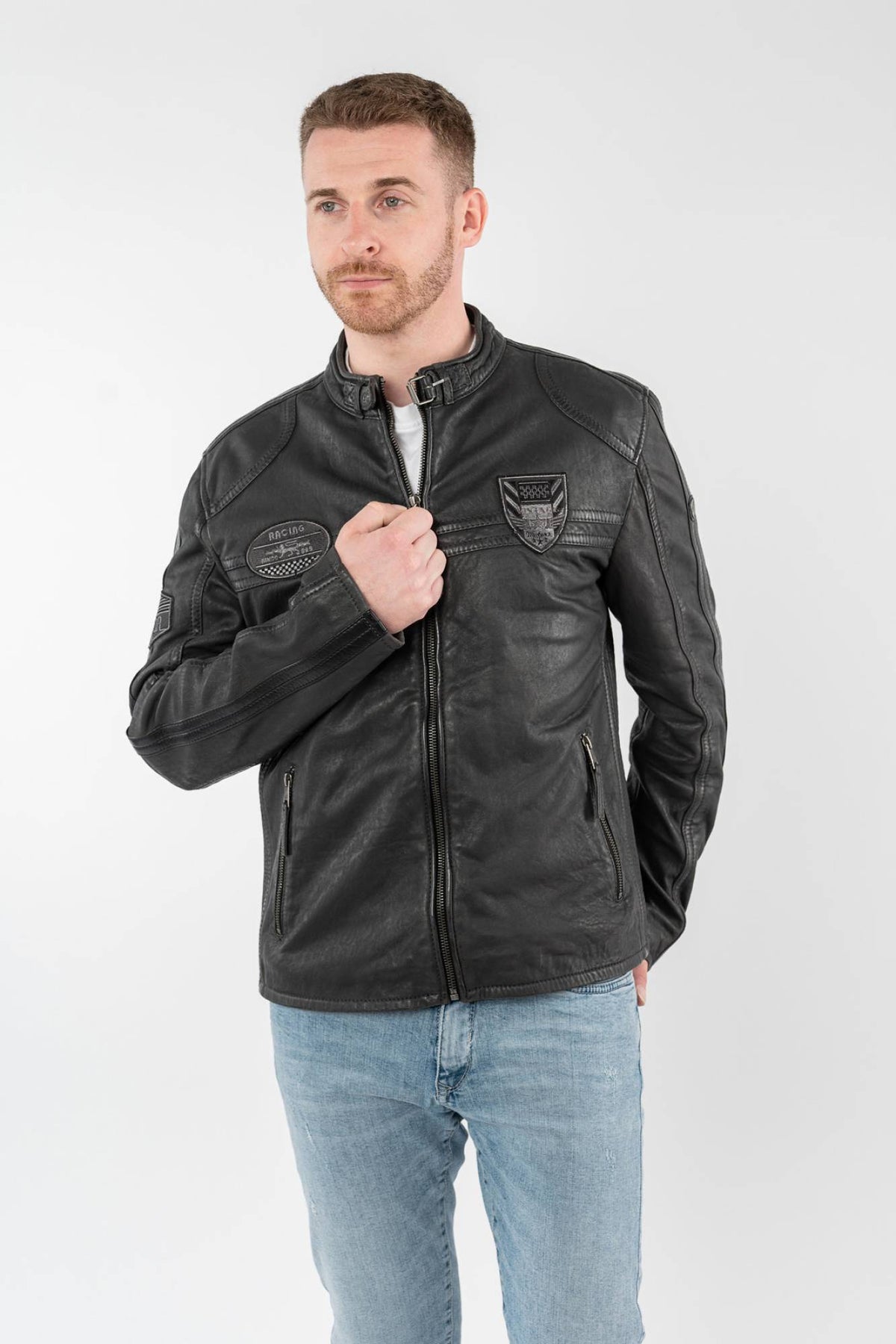 Anthracite grey lambskin biker collar jacket with embroidered patches - Image n°5