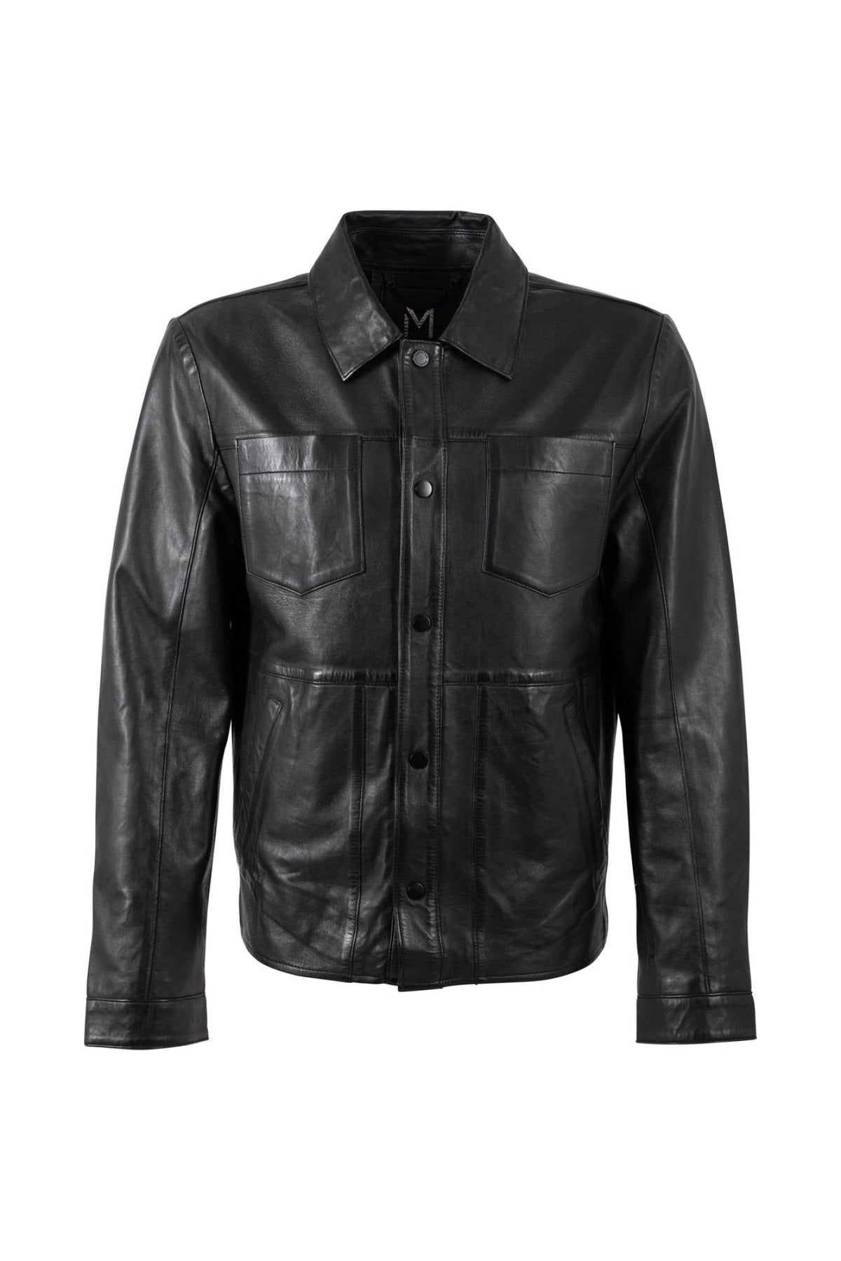 Black multipocket leather jacket with a shirt collar and snap-button fastening - Image n°1