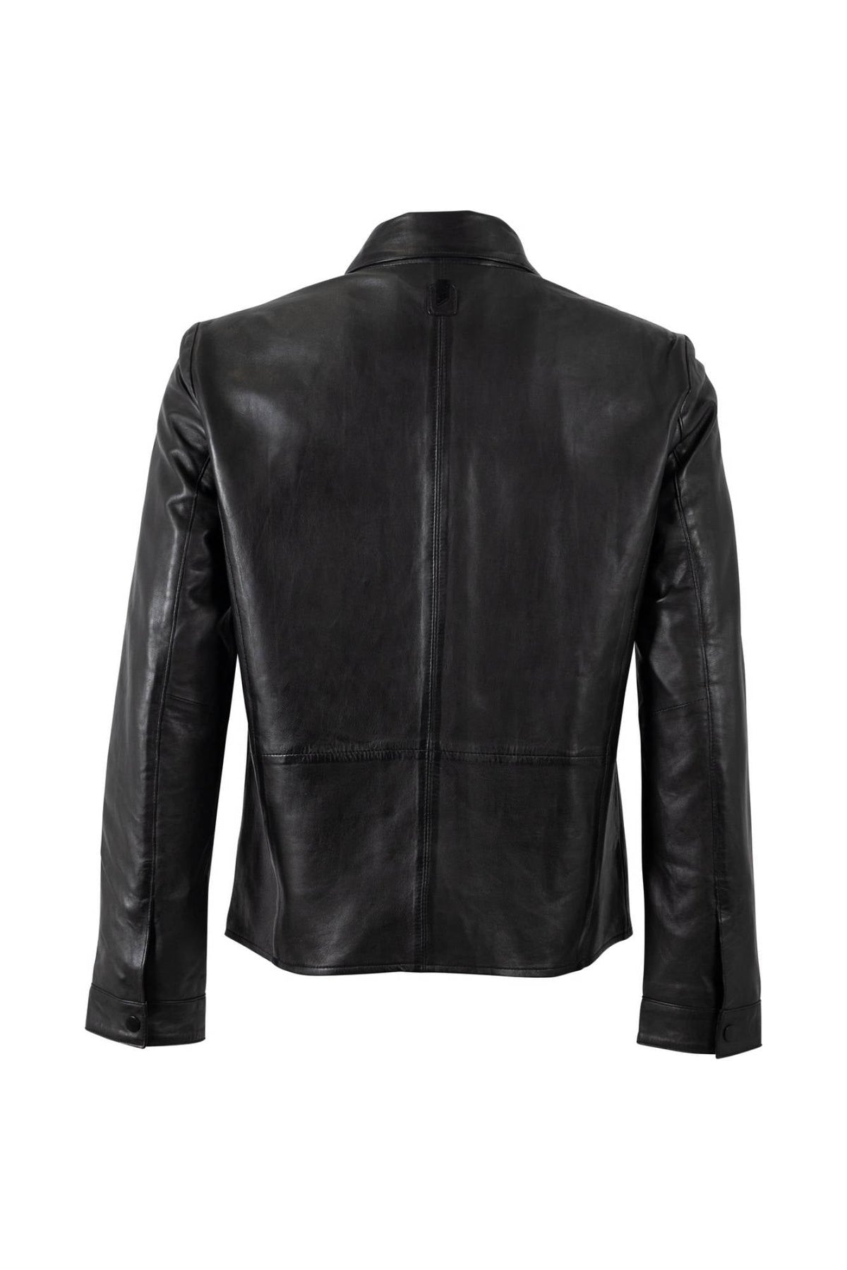 Black multipocket leather jacket with a shirt collar and snap-button fastening - Image n°2