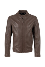 Minimalist dark taupe lambskin biker-collar jacket - Image n°1