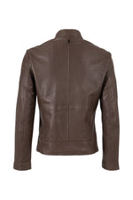 Minimalist dark taupe lambskin biker-collar jacket - Image n°2
