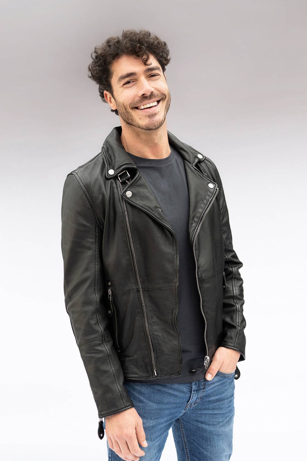 Black lambskin biker jacket with asymmetric zip and notched lapels - Image n°2