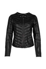 Women’s leather and black chevron mesh fitted jacket - Image n°4