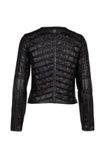 Women’s leather and black chevron mesh fitted jacket - Image n°5