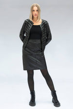 Women’s leather and black chevron mesh fitted jacket - Image n°2