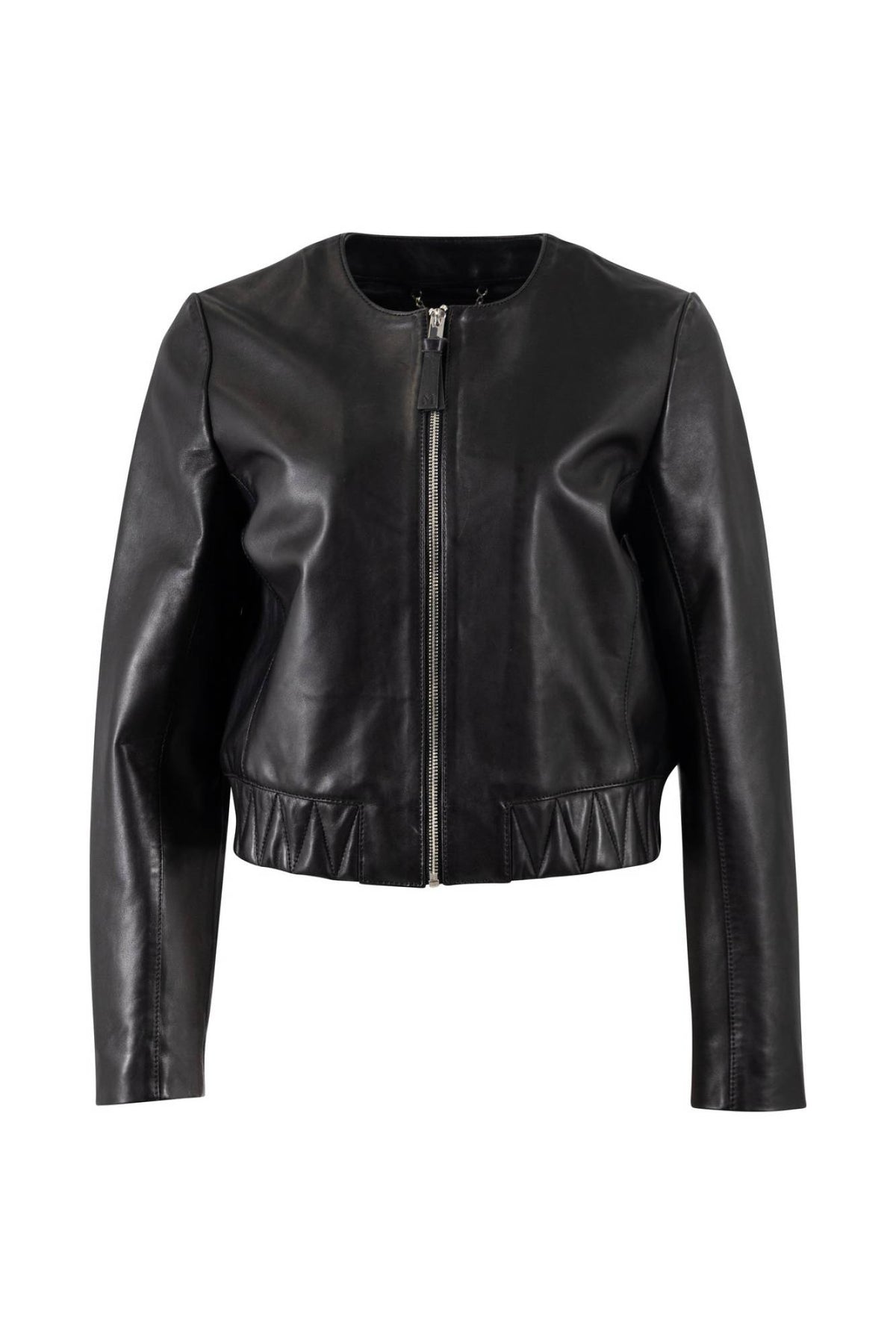 Women's black lambskin leather jacket with zigzag quilted hem - Image n°1
