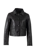 Women's black lambskin buttoned leather jacket, shirt collar - Image n°1