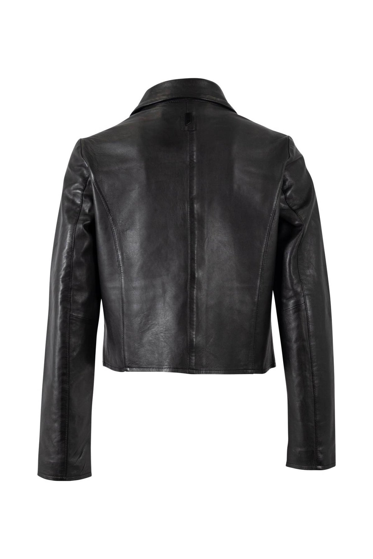 Women's black lambskin buttoned leather jacket, shirt collar - Image n°2