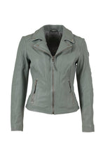 Women’s biker jacket in pale seafoam green lamb leather with a tailored collar - Image n°1