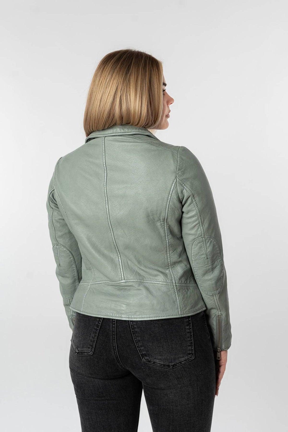 Women’s biker jacket in pale seafoam green lamb leather with a tailored collar - Image n°6