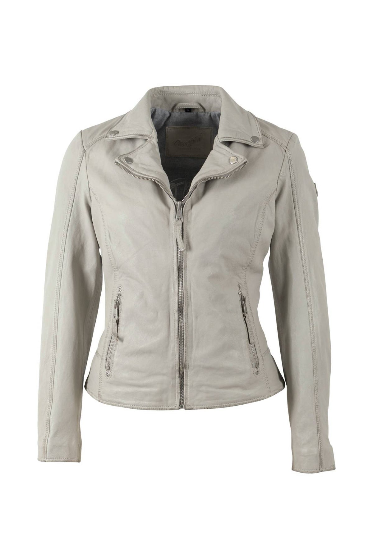 Women’s pearl grey lambskin biker jacket, straight central zip - Image n°5