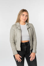 Women’s pearl grey lambskin biker jacket, straight central zip - Image n°1