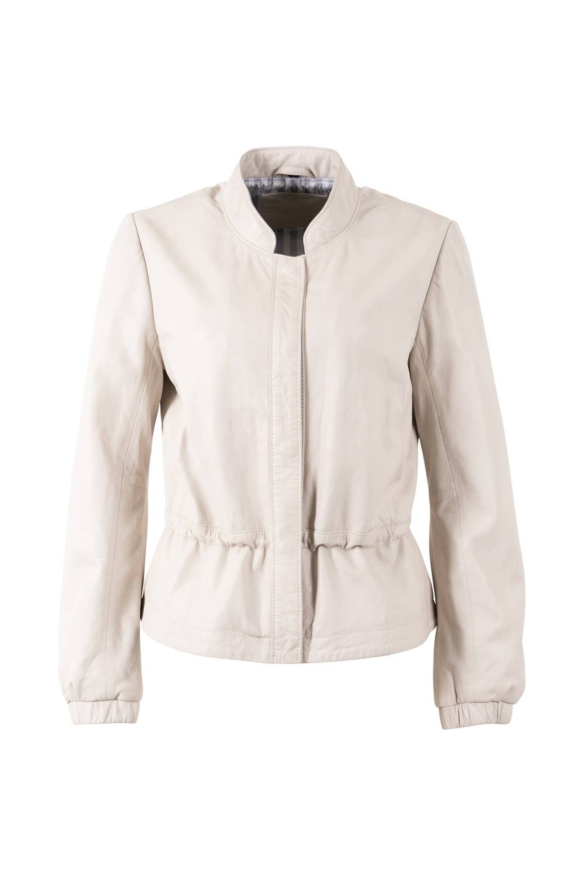Women's ecru lambskin leather jacket with concealed fastening under a tab - Image n°1