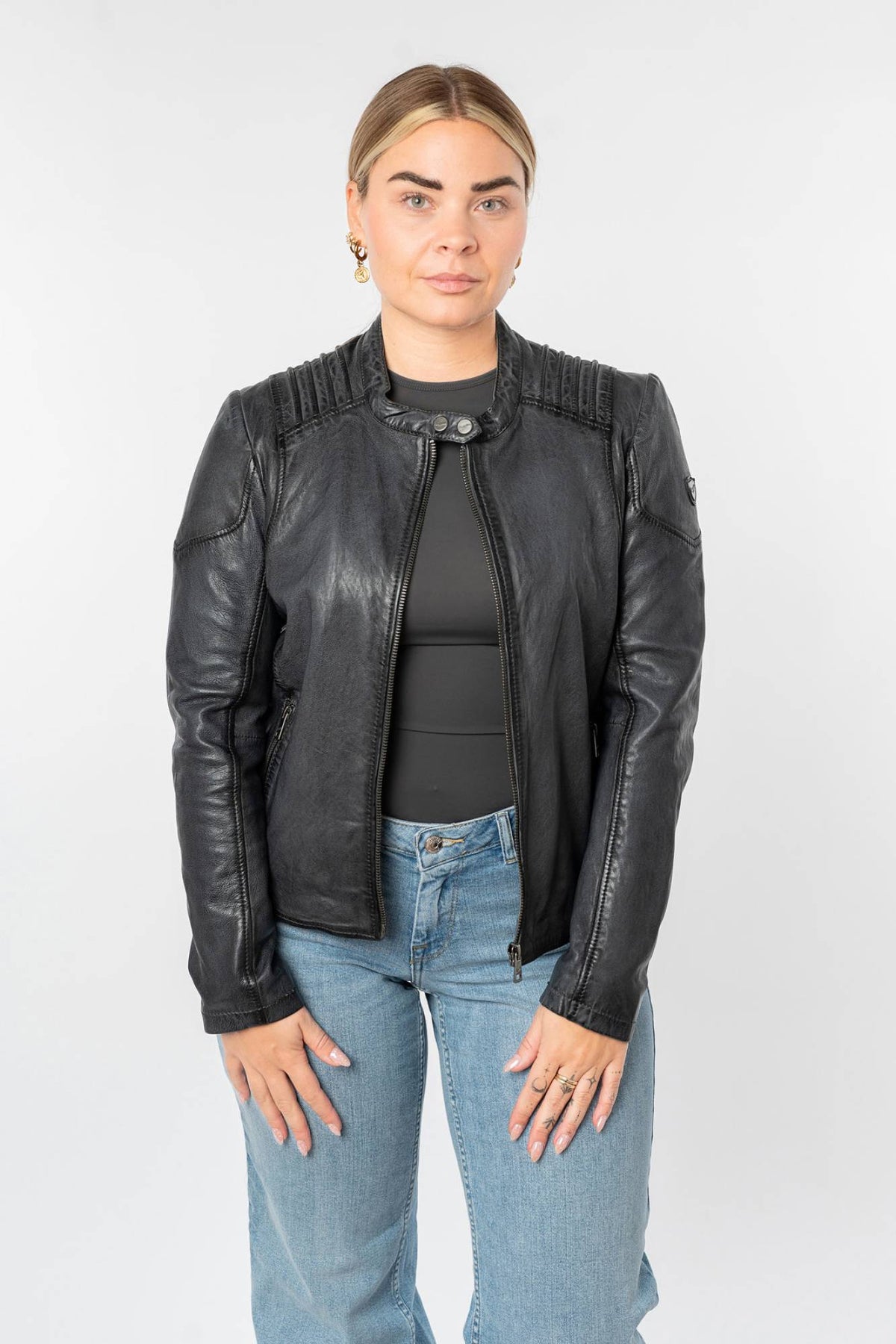 Anthracite lambskin women's leather jacket with ribbed shoulders - Image n°7