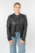 Anthracite lambskin women's leather jacket with ribbed shoulders - Image n°7