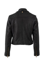 Women's black leather biker jacket with gold-tone zips and leopard-print lining - Image n°2
