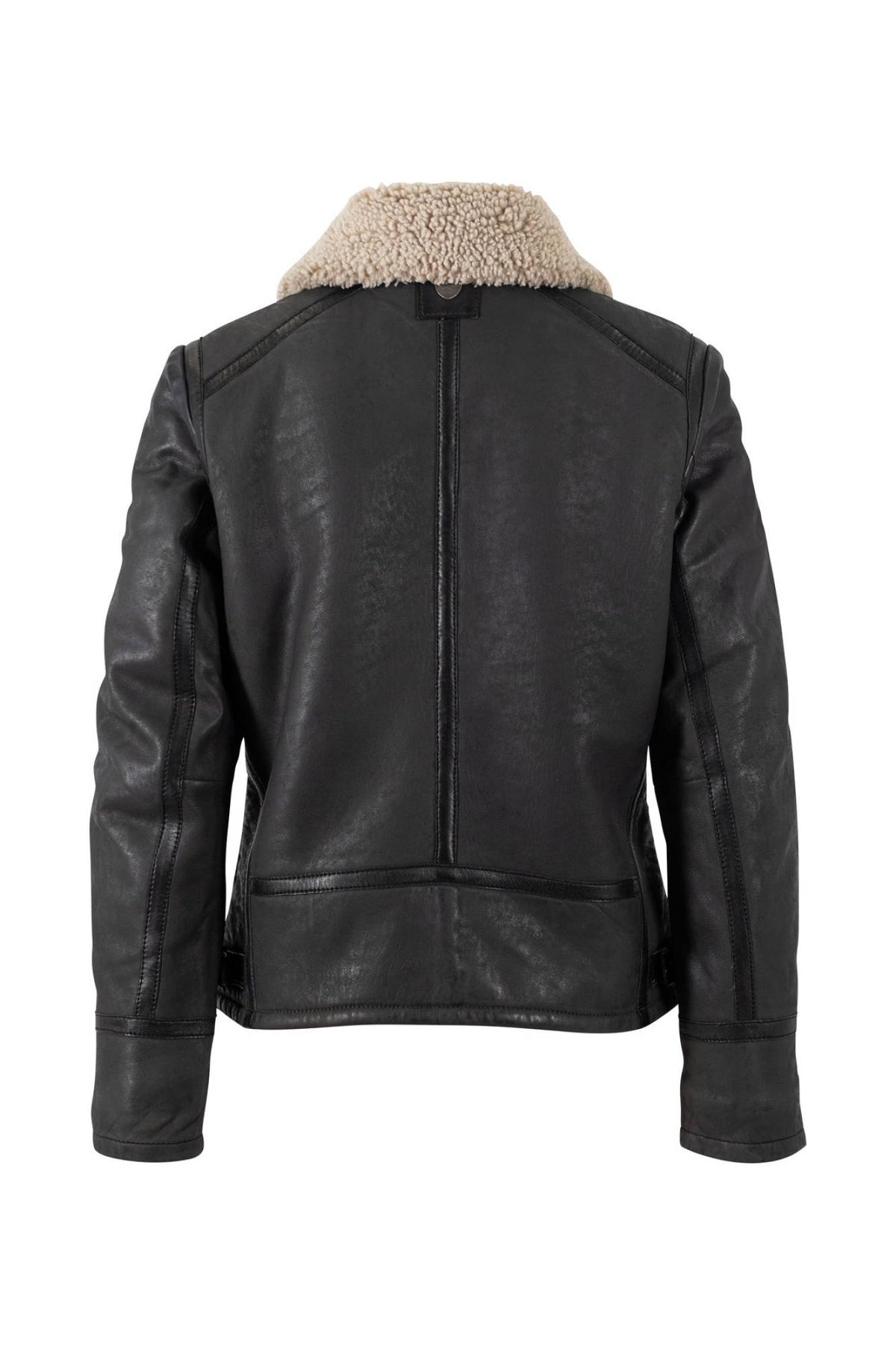 Women's black leather jacket with synthetic wool collar - Image n°2
