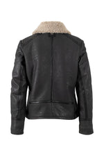 Women's black leather jacket with synthetic wool collar - Image n°2