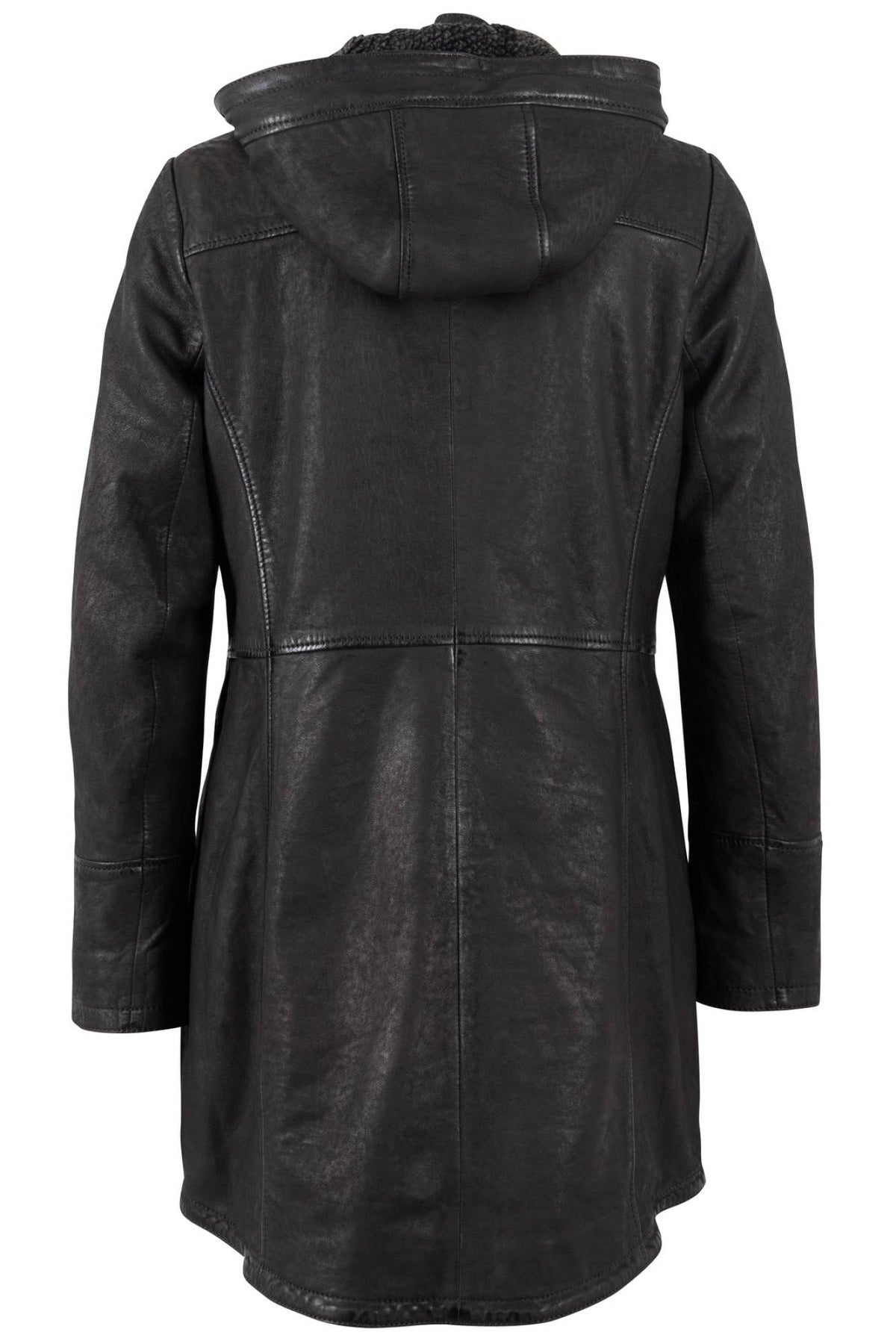 Long black washed lambskin coat with hood and toggle fastenings - Image n°2