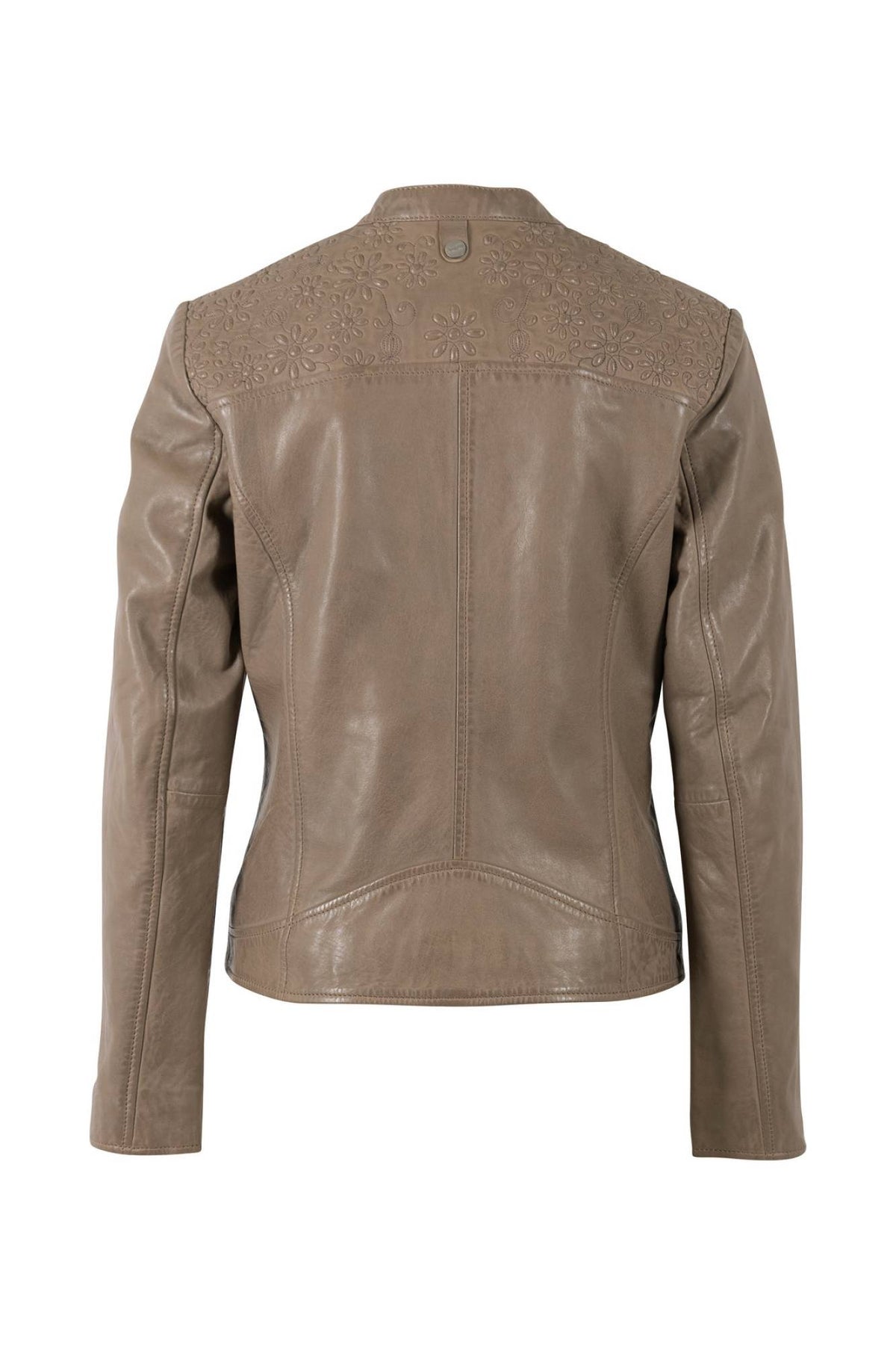 Women's taupe lambskin leather jacket with tone-on-tone embroidered shoulders - Image n°6