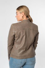 Women's taupe lambskin leather jacket with tone-on-tone embroidered shoulders - Image n°1