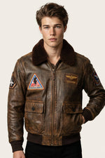 Brown goat leather jacket with embroidered patches - Image n°1
