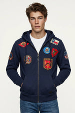Navy cotton sweater with embroidered patches - Image n°1