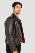 Aged cowhide leather jacket with shirt collar, Made in USA - Image n°17
