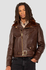Brown Perfecto® jacket with removable collar, supple Horween horsehide - Image n°15