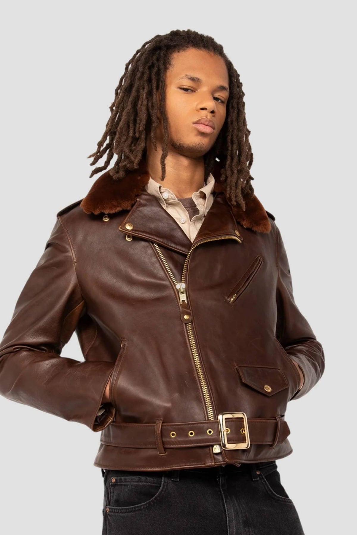 Brown Perfecto® jacket with removable collar, supple Horween horsehide - Image n°13