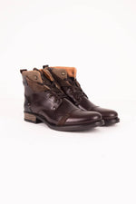 Chestnut and navy blue leather lace-up boots with cuff - Image n°1