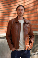 Cognac leather shirt-collar jacket for men - Image n°1