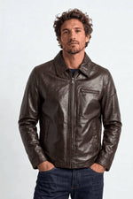 Brown leather jacket with shirt collar for men - Image n°1