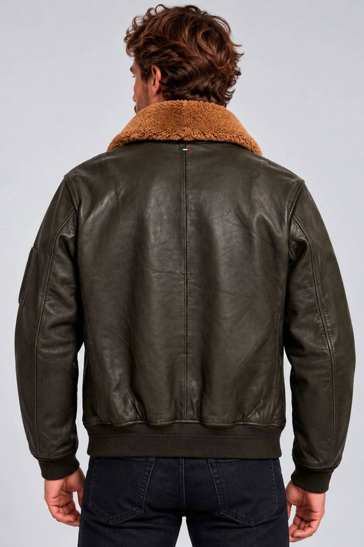 Khaki leather flight jacket with removable sheepskin fur collar - Image n°2