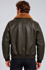 Khaki leather flight jacket with removable sheepskin fur collar - Image n°2
