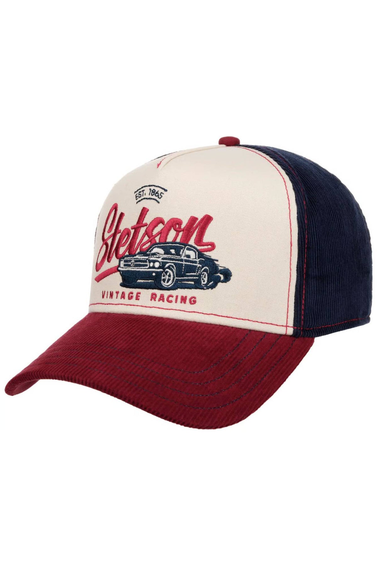 Blue, white and red trucker cap with embroidered retro racing illustration - Image n°1